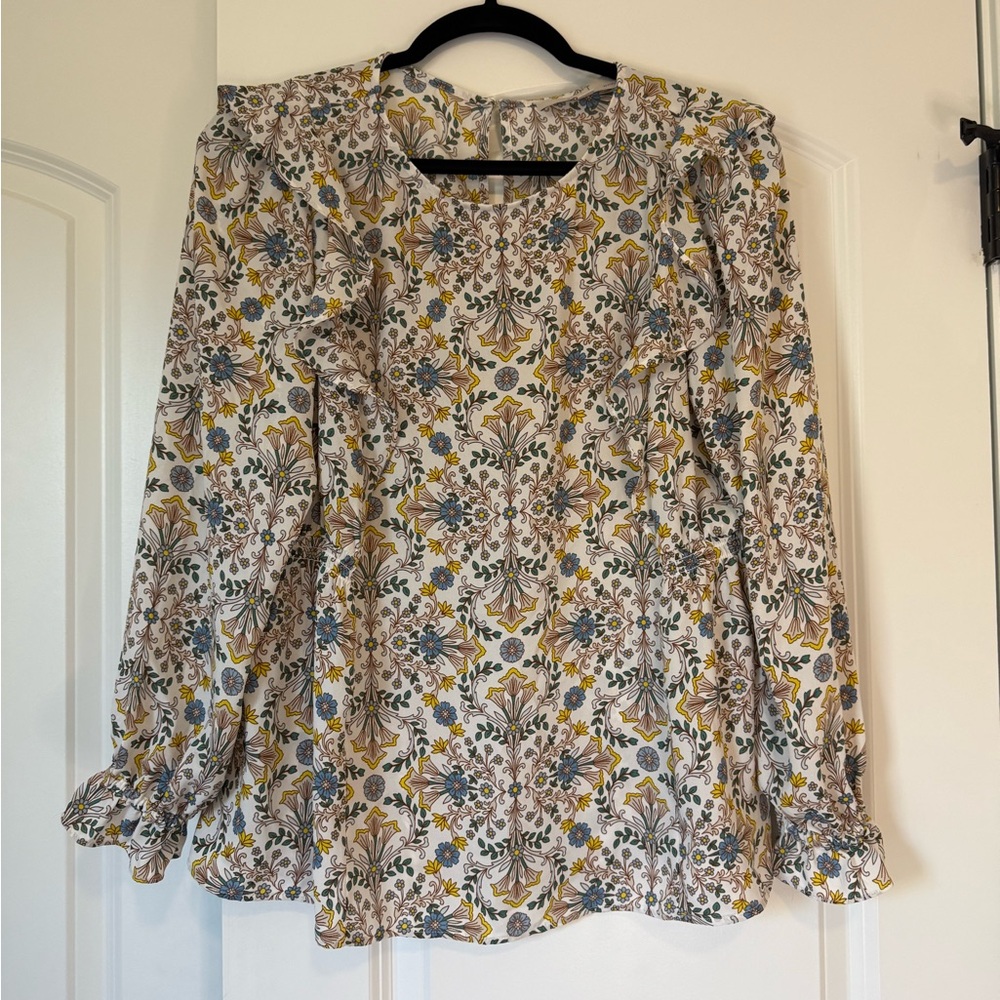 LOFT Cream and Brown Blouse with Bell Sleeves and Peter Pan Collar